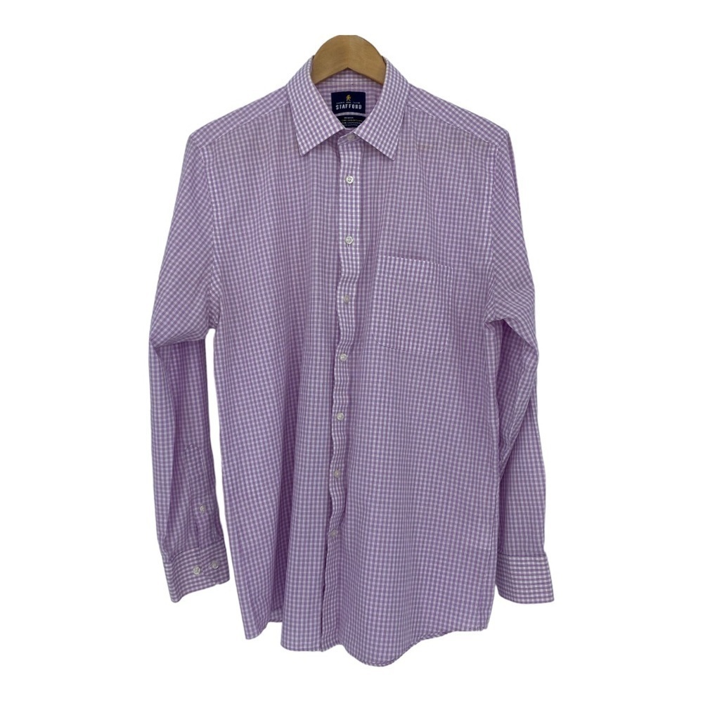 Stafford "travel" purple & white gingham check button down fitted LS shirt